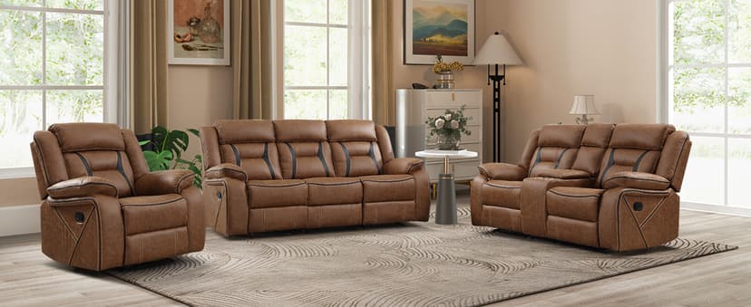 EBELLO Faux Leather Recliner Sofa Furniture Set for Living Room, Recliner Chair, Manual Loveseat, 3 Seat Recliniing Sofa Couch Set for Meeting Room, Brown