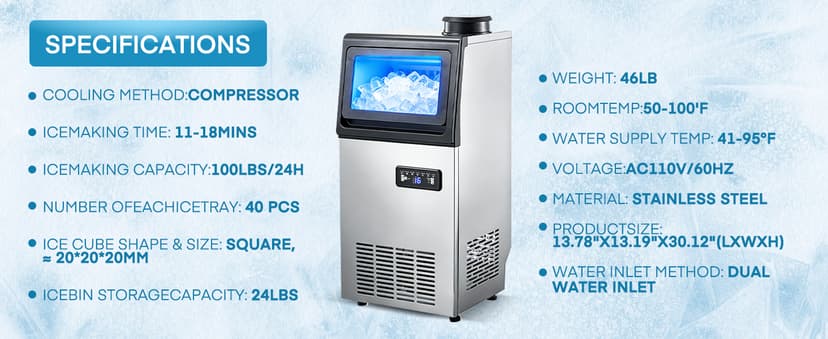Commercial Ice Maker Machine, 100LBS/24H Freestanding & Undercounter Ice Machine with 2 Water Inlets, 40 PCS/Cycle and 24LBS Storage Bin, Stainless Steel, LED Display & Self-Cleaning for Home Bar