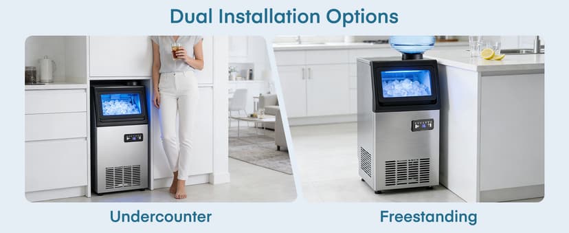 Commercial Ice Maker Machine, 100LBS/24H Freestanding & Undercounter Ice Machine with 2 Water Inlets, 40 PCS/Cycle and 24LBS Storage Bin, Stainless Steel, LED Display & Self-Cleaning for Home Bar