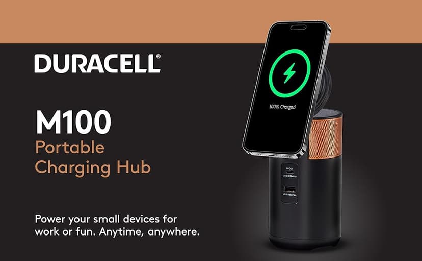Duracell M100 Portable Charging Hub – 92W Charger for Laptops & Tablets, Wireless Charging for Cell Phones & Earbuds – Light & Compact Power Bank Station w/ USB-C & USB-A Ports, Charging Dock