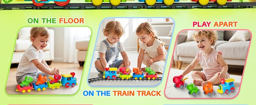 Train Set for Toddlers w/Steam, Music & Lights - Electric Train Toys for Kids w/Tracks Accessories, Including 3 Dinosaur Car and 3 Trailer; Gifts for 1-3 4 5 6+ Years Old Boys Girls