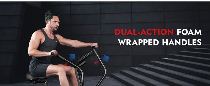 pooboo Exercise Bike, Stationary Bike for Home Gym, Air Resistance Bluetooth Fan Bike w/Dual Acction Handlebars & Dual-Layer Transmission System, Upright AirBike Indoor Cycling Bike for Cardio Workout