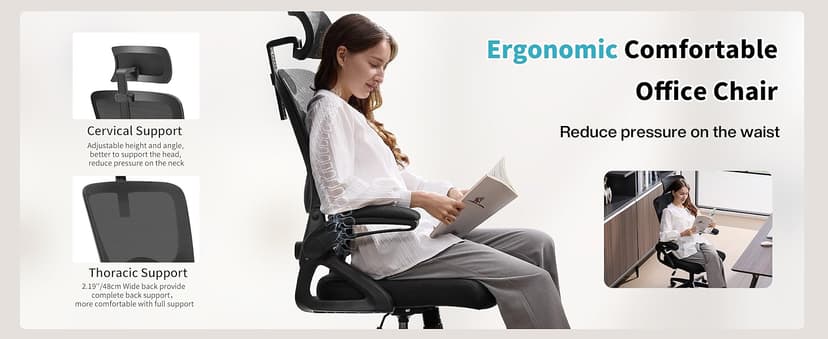 Ergonomic Office Chair,Mesh Office Chair with Lumbar Support,High Back Desk Chair with Flip-up Arms,400 lbs Big and Tall Computer Chair with Headrest,Comfy Desk Chairs