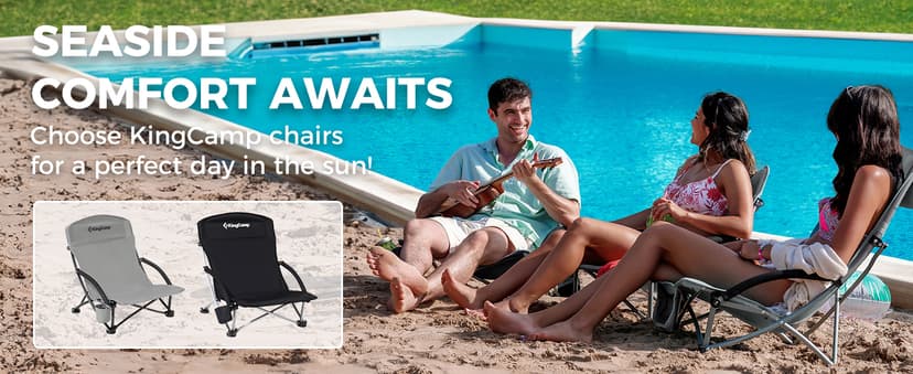 KingCamp Low Beach Chair, High Back Folding Camping Chair for Adults, Oversized Breathable Mesh Seat, 300lbs Heavy Duty Portable Chair with Cup Holder & Storage Pockets for Beach, Outdoor