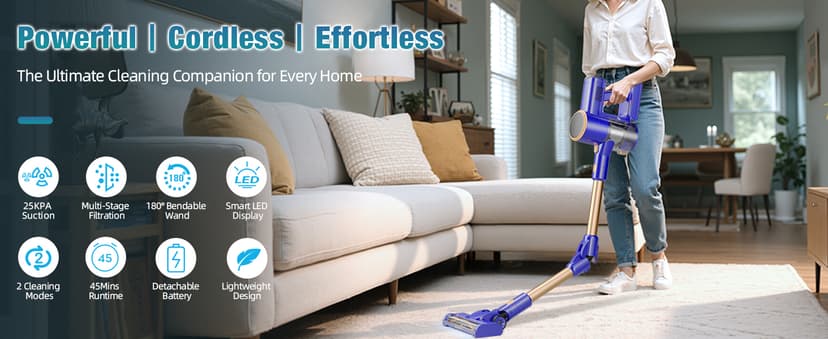 Cordless Vacuum Cleaner, 180° Bendable Wand Stick Vacuum Cleaners with LED Touch Screen, 8-in-1 Lightweight Rechargeable Vacuum with 1.5L Dust Cup for Home Hard Floor Low-Pile Carpet