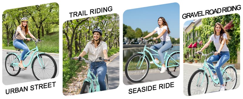 Women Bike, 26 Inch Beach Cruiser Bike, 7 Speed Commuter Bicycle with Ergonomic Upright Frame, Full Front & Rear Fenders (Green/Black/Red)