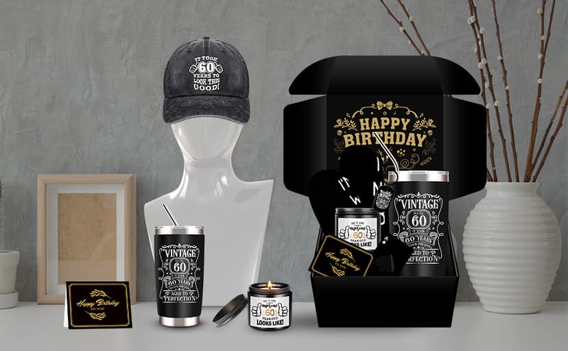 60th Birthday Gifts for Men - Unique Box with 20 Oz Tumbler, Scented Candle, Socks, Baseball Cap for Husband, Dad, Grandpa, Friends, Teachers, Boss
