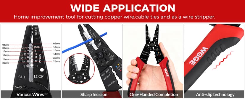 10-22 AWG Cable Stripping, Wire Crimping, Multi-Function Design, Hand Tools WGGE WG-015 Professional Wire Stripper, Wire Cutter and Wire Crimper 8-inch B073YG65N2