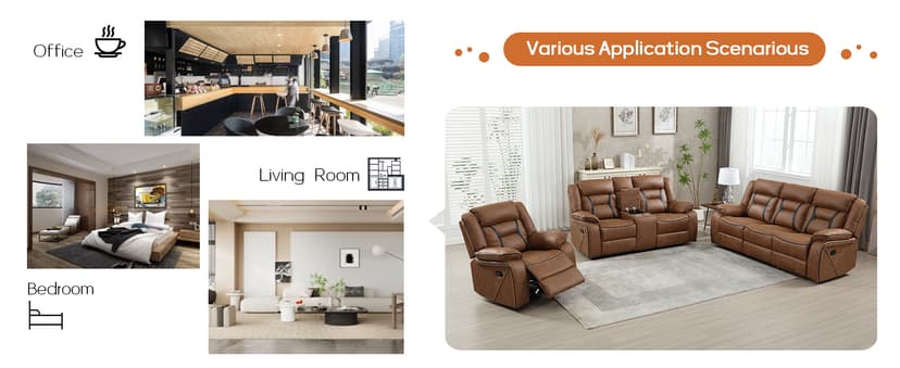 EBELLO Faux Leather Recliner Sofa Furniture Set for Living Room, Recliner Chair, Manual Loveseat, 3 Seat Recliniing Sofa Couch Set for Meeting Room, Brown