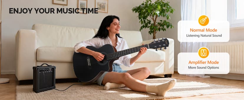 GLARRY 36in Acoustic Electric Guitar Beginner Kit with 15W Amp, 5-band EQ Dreadnought Design 6 Strings Electric Acoustic Guitar with Bag, Strap, Picks, Strings, Wrench (Black)