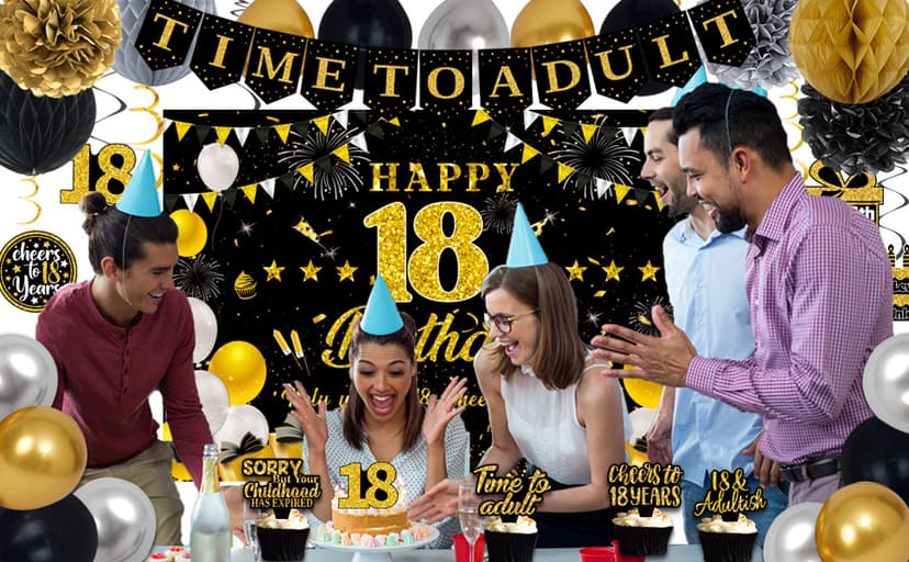 18th Birthday Decorations for Boys Girls, Black Gold Happy 18th Birthday Party Decorations, Time To Adult Birthday Banner, Backdrop, Balloons, Hanging Swirls, BIrthday Cards, Cake Topper, Pompom 52pcs