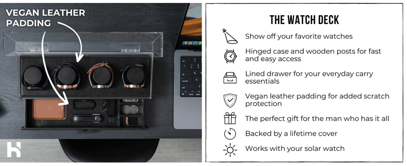 Holme & Hadfield Premium 4-Slot Wooden Watch Display Case – Handcrafted Men’s Watch Box with Accessory Drawer, Hinged Cover, Leather Lining – Birthday Gift for Collectors – Luxury Built to Last