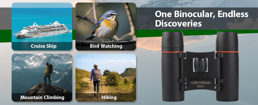 Binoculars for Adults and Kids, High Powered Portable & Compact Binoculars, for Bird Watching, Cruise Ship, Travel, Hunting Essentials (Black, 8×21)