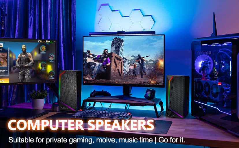 LENRUE Computer Speakers, USB/USB-C Powered PC Speakers with Loud Stereo Sound, Headphone-in for Desktop, iMac, MacBook, Laptop, Monitor (USB-C to USB Adapter Included)