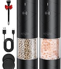 Sangcon Gravity Electric Salt and Pepper Grinder Set Automatic Shakers Mill Grinder with LED Light, BATTERY POWERED Adjustable Coarseness One Hand Operation, Upgraded Larger Capacity