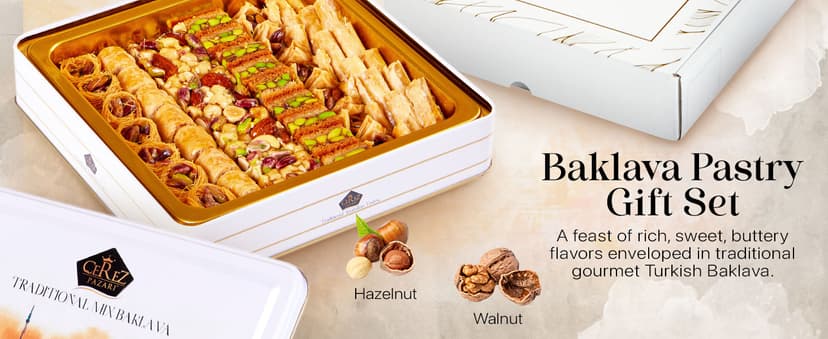 Cerez Pazari Baklava Pastry Gift Set - Turkish Baklava Pastry With Nuts & Spices - Baklava Gift Box From Turkey - Pastry, Halal Snacks - Assorted 45-48 Pieces Per Metal Dessert Box - 1.32 lbs