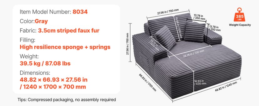 VEVOR Chaise Lounge Chair, 48 in Boneless Chaise Lounge Indoor, Modern Upholstered Oversized Reading Chair with Throw Pillows & Armrests, Sofa Couch Deep Seat Sleeper for Living Room, Bedroom, Balcony