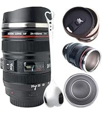 Camera Lens Coffee Mug with Slider Lid and Spoon– Realistic DSLR Thermos Cup, Novelty Gift for Photographers, Men & Women