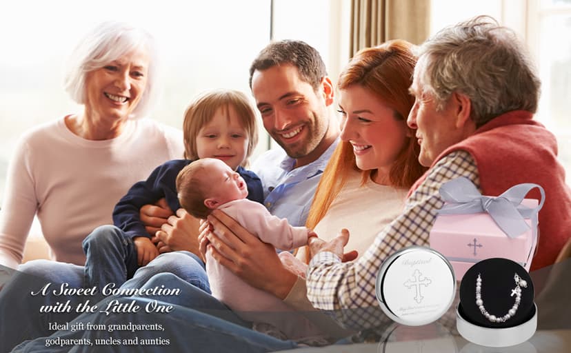 Baptism Bracelet in Sterling Silver and Cultured Pearls for Baby Girls, with Silver-plated Jewelry Keepsake Box, Great Catholic Christening and Baptism Gifts for Girl