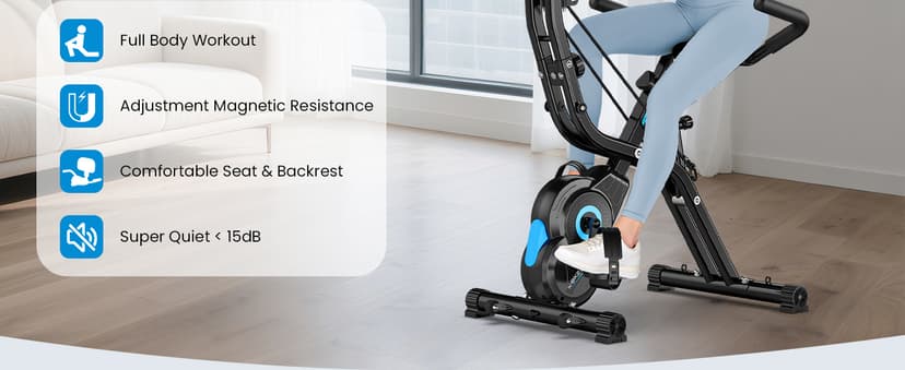 Foldable Exercise Bike, Multifunctional Indoor Stationary Bikes for Home with 8-Level Magnetic Resistance, Quiet Workout Bike with Arm Resistance Bands, LCD Monitor, 300LBS Capacity