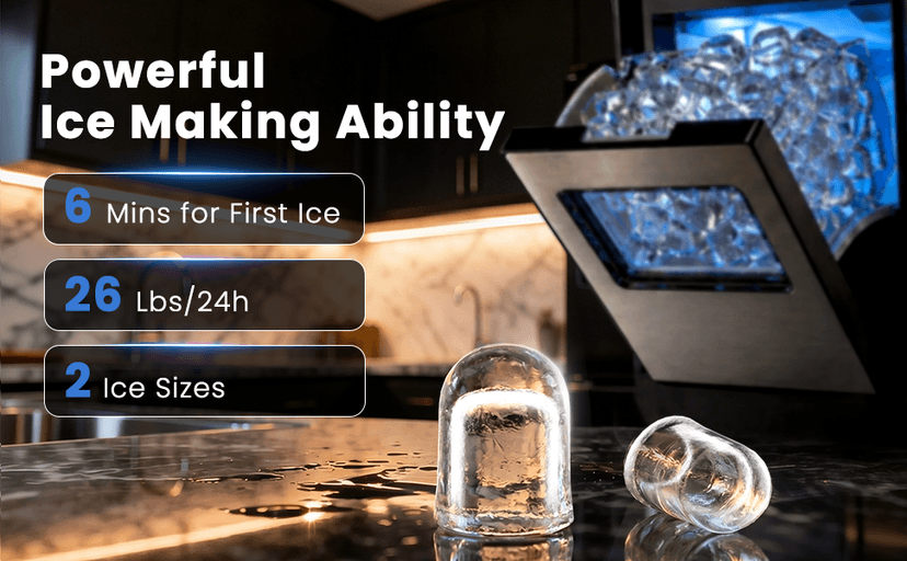 Electactic Countertop Ice Maker, 26Lbs Daily Ice Production, 0.8L Water Tank, Self-Cleaning, Adjustable Ice Size, One-Touch Operation, Interior Light, Portable Ice Maker for Home, Office & Party