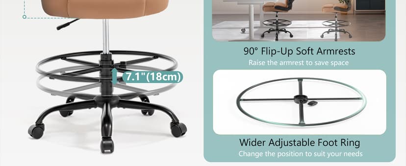 Ergonomic Drafting Chair, Tall Office Chair for Standing Desk, High Back Standing Desk Chair with Flip-Up Armrest, Adjustable Height&Foot Ring, Executive PU Leather Extended Height Office Chairs,Brown