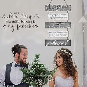 Buecasa Marriage Rustic Sign with 5pcs Panels Strung Together - Bridal Shower Gift for Couples Wife Husband - Christian Religious Inspiring Home Decor Newlywed