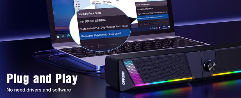 Computer Speakers, 2 in 1 PC Speaker , Gaming Speakers for PC Computer Laptop Desktop Monitor, RGB Speakers with Touch Sensitive Lighting, USB Powered 3.5mm Aux(Package Only Two Speaker, No Soundbar)