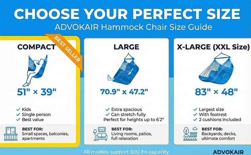 ADVOKAIR Hammock Chair Swing, Heavy-Duty Hanging Rope Swing Seat Supports 500 Lbs, Ideal for Outdoor Patio, Backyard, Porch, Deck & Indoor Bedroom Use
