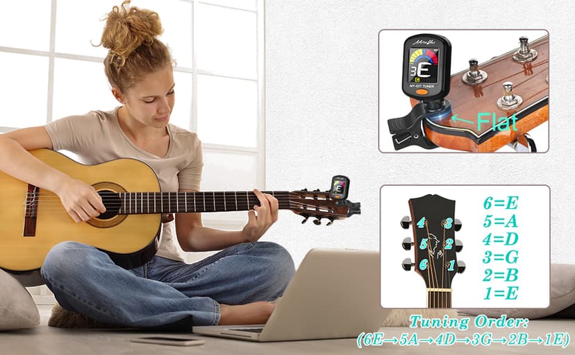 MOREYES Rechargeable Guitar Tuner Clip On with 28Pcs Guitar Picks, Guitar Tuner for Acoustic Guitar, Electric Guitar, Bass, Ukulele & Chromatic Tuning Modes, Full Color Display