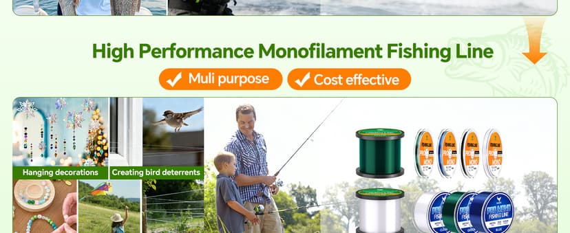 Pro Monofilament Fishing Line with Knot Instruction Cards for Multi Purpose Cost Effective, Strong Yet Thin Nylon String for Big Fishes, Tangle-Free & UV Resistant, 15/20/30/50/80LB
