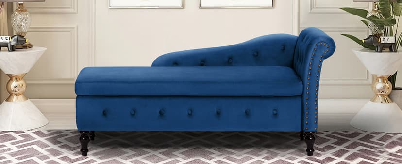 Upholstered Chaise Lounge with Right Armrest & Lumbar Pillow,Button Tufted Lounge Sofa with Storage,Lounge Chair Indoor,Modern Velvet Lounge Chair for Bedroom, Living Room and Office,Blue