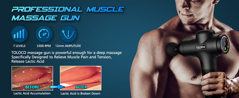 TOLOCO Massage Gun Deep Tissue, Percussion Massage Gun with 10 Replacement Heads, Super Quiet Portable Electric Massager for Athletes, Relax, Black