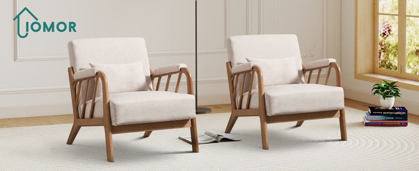 IOMOR Mid Century Modern Accent Chair with Solid Wood Frame Linen Fabric, Upholstered Living Room Chairs with Lumbar Cushion Padded Arms, Reading Armchair for Bedroom (1, Warm Beige)