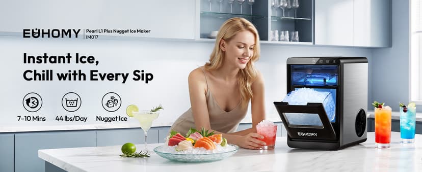 EUHOMY Nugget Ice Maker Countertop, 44Lbs/24H Sonic Ice Maker Machine, Self-Cleaning Pellet Ice Makers with Ice Scoop&Basket, Countertop Pebble Ice Maker for Home/Kitchen/Office