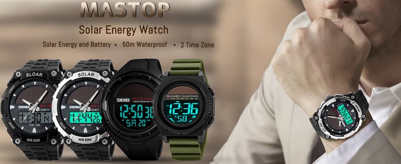 MASTOP Solar Powered Energy Watch for Men Military Digital Multifunctional Led Luminous Indication 2 Time Zone 50m Waterproof Watch Reloj Solar para Hombre
