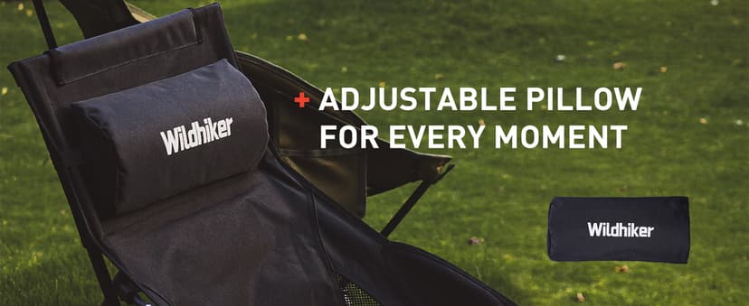 Wildhiker Portable Compact Folding Camping Chairs – Lightweight High Back with Pillow, Deep Recline, ArmPads, Side Pockets-for Motorcycle, RV, Backpacking, Travel, Festival – Black