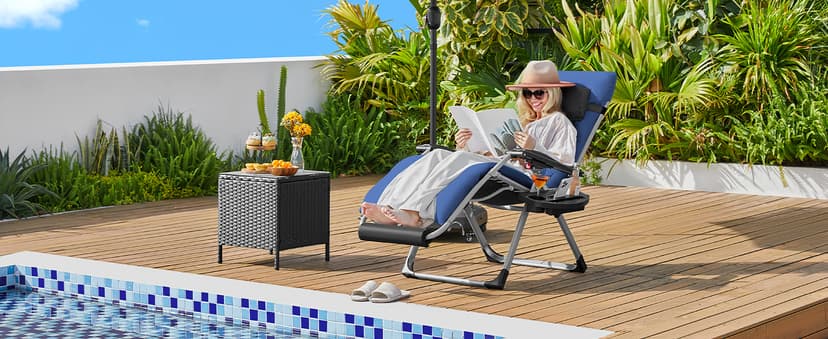Yaheetech Zero Gravity Chair, Folding Reclining Lounge Recliner with Removable Pad & Headrest & Side Cup Holder Tray for Indoor and Outdoor Navy Blue/1