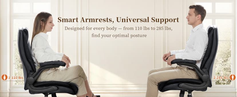 Office Chair, Executive Leather Office Chair with Lumbar Support & Flip-up Armrests, Ergonomic Adjustable High Back Swivel Chair with Rocking Function (Black)