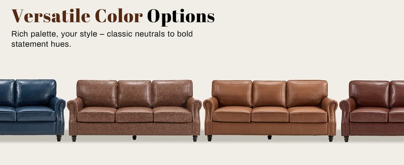 Kingfun Mid-Century Modern Couch, Faux Leather Sofa, 3 Seater Couch for Living Room with Rolled arms & Nailhead Trim, Dark Coffee