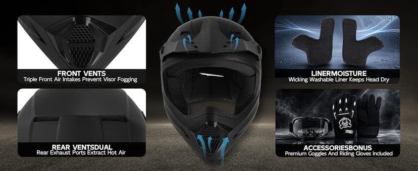 SLMOTO Youth ATV Helmet DOT Youth Kids Motocross Offroad Street Dirt Bike Helmet Motorcycle ATV Full Face Helmet with Goggles Gloves, Matte Black Small