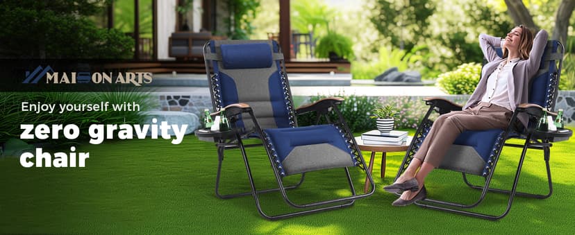 MAISON ARTS Oversized XXL Padded Zero Gravity Chair, 30" Wide Seat Foldable Patio Recliner, Anti Gravity Outdoor Lawn Chair with Cup Holder & Pillow, Supports 400lbs, Blue & Grey