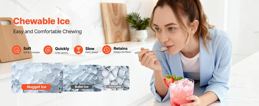 VEVOR Countertop Ice Maker, 33 lbs per Day, Self-Cleaning Portable Machine with Scoop, Drawer-Style Ice Access, Nugget Ice-Making Machine with Chewable ICES for Home, Kitchen, Office, Bar & Party