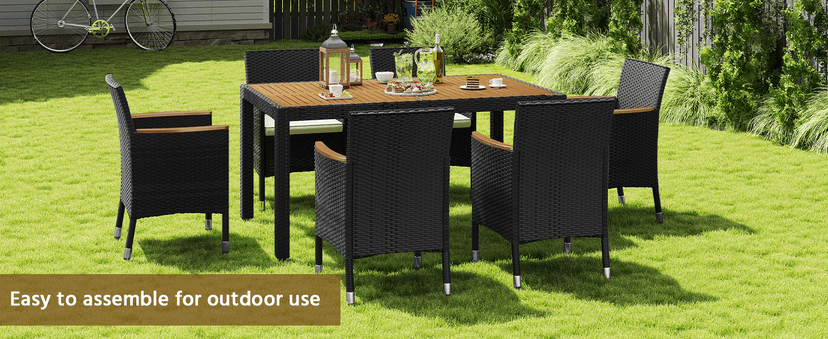 Yaheetech 7 Piece Patio Furniture Set, Outdoor Dining Acacia Wood Table Top Rattan Conversation Set with Soft Cushions, 6 Chairs & 1 Table for Backyard, Deck, Garden & Yard, Black/Beige