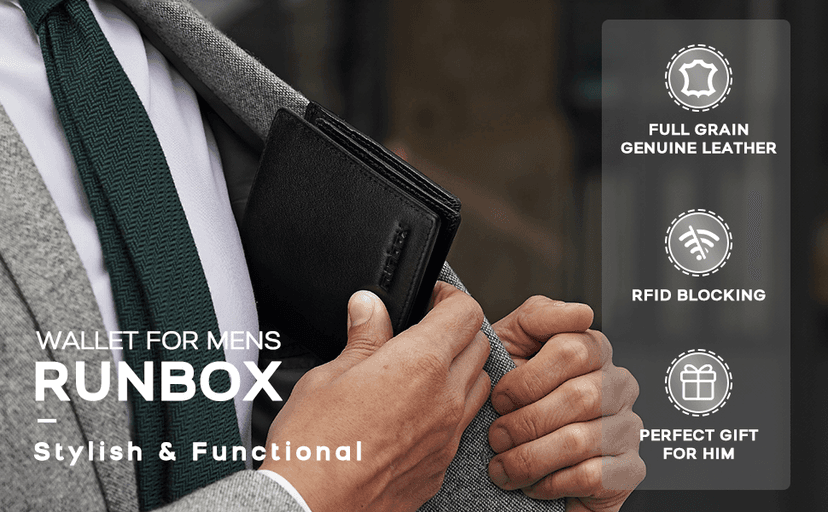 RUNBOX Genuine Leather Wallet for Men 12 Cards Mens Wallet Bifold Rfid Blocking with 2 ID Windows Card Holder Wallet with Gift Box