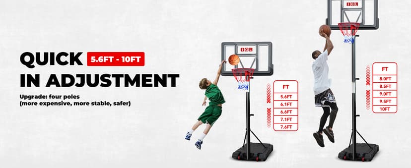 IGL Portable Basketball Hoop, 5.6-10FT Adjustable Basketball Goal System, 44 Inch Outdoor Basketball Hoop & Goals for Kids, Youth, and Adults in The Backyard, Driveway with PC Backboard