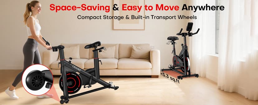 CHAOKE Exercise Bike, Quiet Adjustable Magnetic Stationary Bike for Home Cardio with App Compatible, 350LB Weight Capacity Indoor Cycling Bike with Large Seat, Dumbbell Rack, Pull Cords & LCD Display