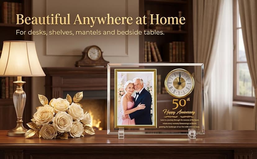 Dxaeqr 50th Wedding Anniversary Keepsake for Couples, Crystal Glass Photo Frame Clock, Golden Anniversary Present for Parents Grandparents Wife Husband, Holds 4x6 Photo B0G6WN24TD