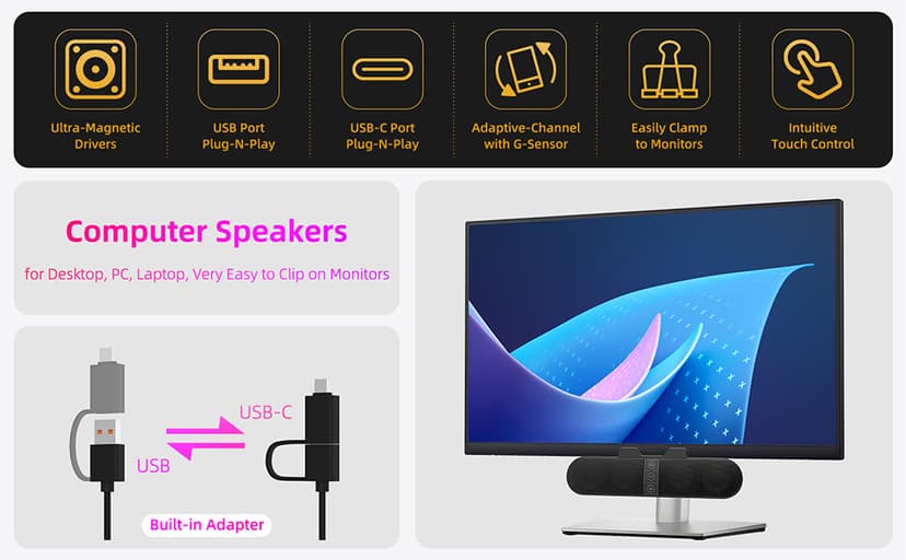 Computer Speakers for Desktop PC Monitor, USB Plug-in, Wired, Computer Soundbar for PC, Laptop Speakers with Adaptive-Channel-Switching, Loud Sound, Deep Bass, USB C Adapter, Easy to Clip on Monitor