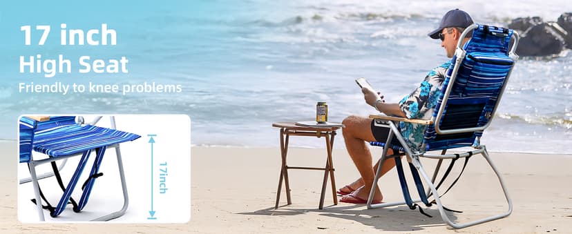 Tall Beach Chairs for Adults, 17" High Backpack Beach Chair with Wooden Armrests, 5 Positions Reclining Heavy Duty Chair with Large Cooler Pouch, Support to 350LBS Striped Blue,1pack